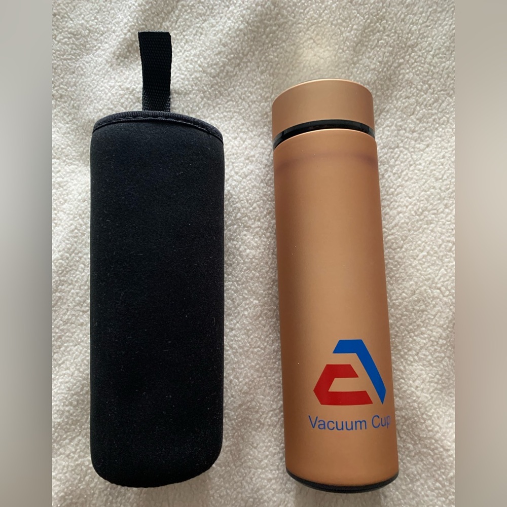 Vacuum Cup Insulated Stainless Steel Gold & Black Two-Piece Flask Set with Lid